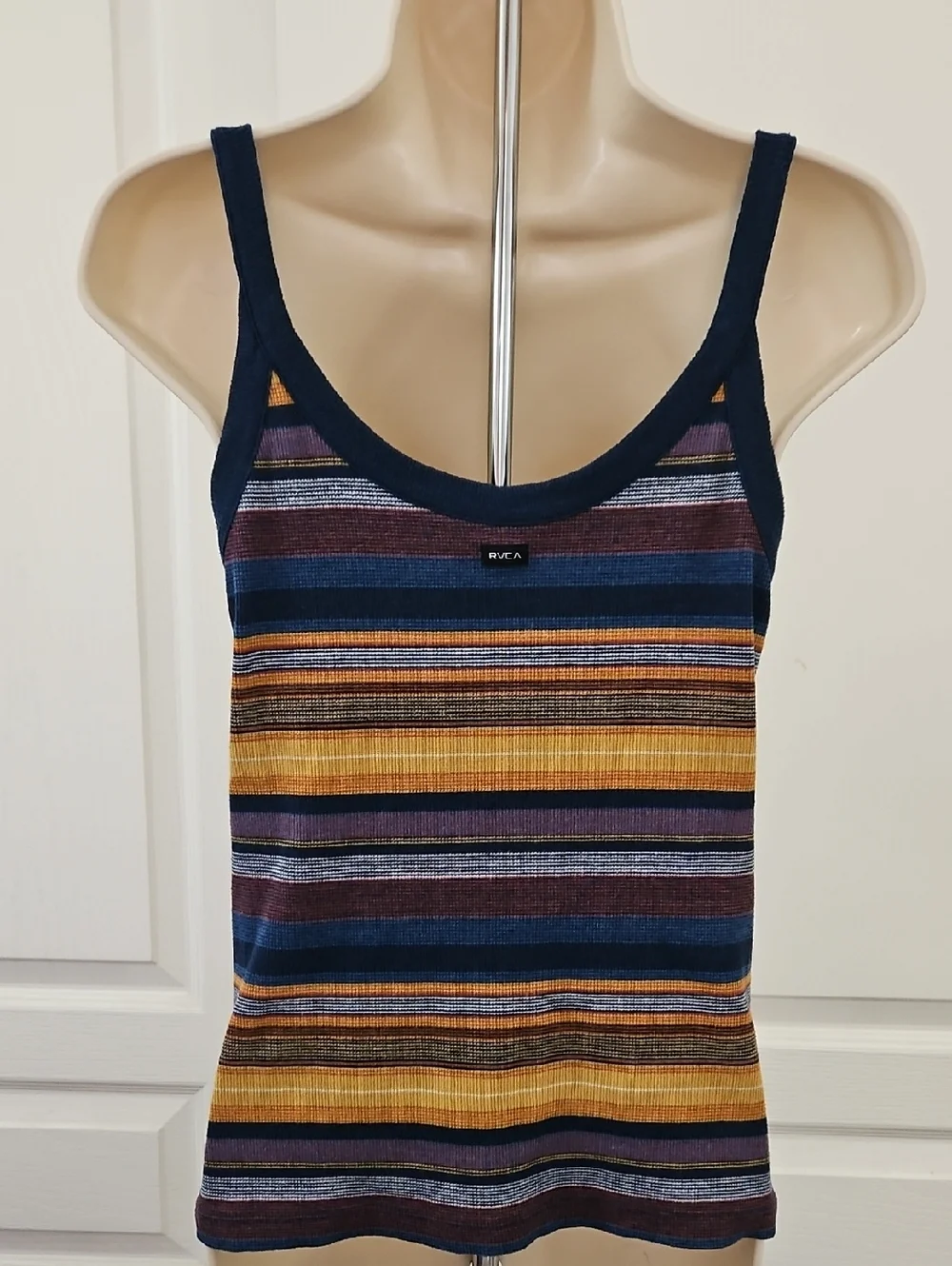 Women’s Striped Button-Front Tank Top in Navy, Mustard & Burgundy - Picture 4 of 12